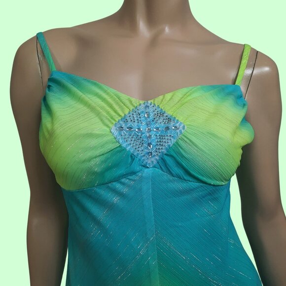 Y2K Slip Dress Size S Blue Green Metallic Stripe Midi Fairy Mermaid Party - Picture 2 of 13